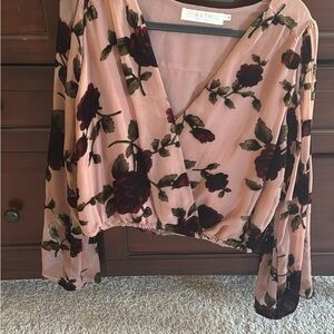 Astr Blush and Black Floral Wrap Blouse